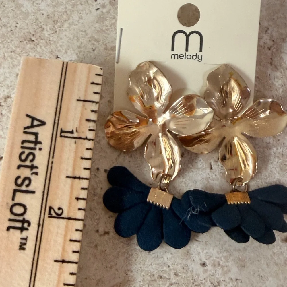 Gold & Navy Artisanal Floral Statement Earrings | Elegant Handcrafted Jewelry